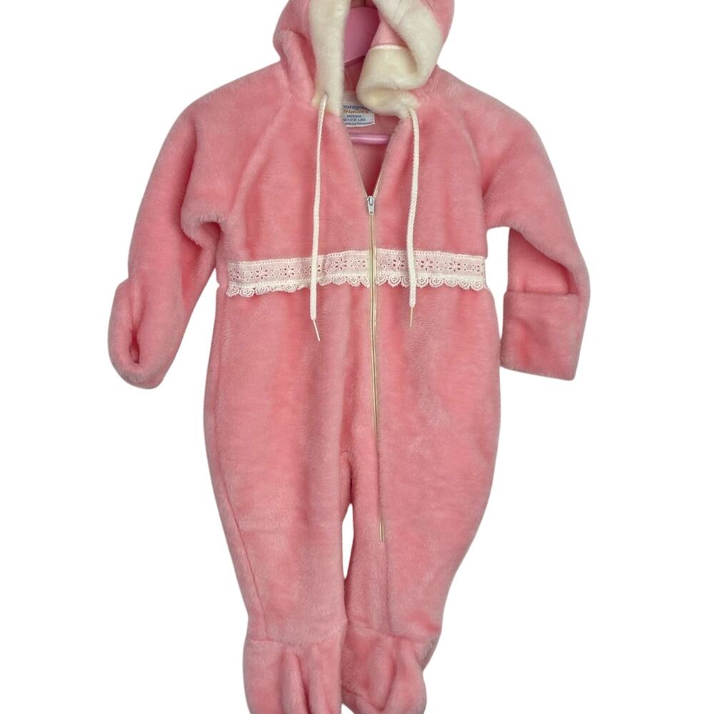 Cozy Pink Hooded Kids One Piece Pajamas Vintage 1980s